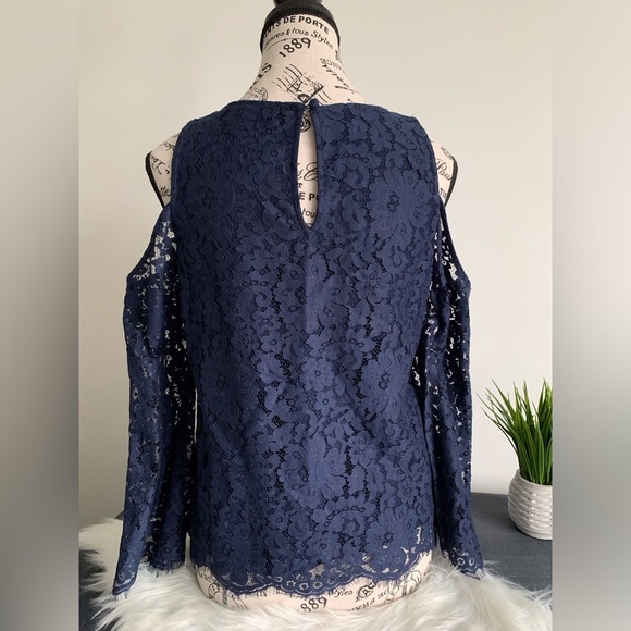 Joie Navy Blouse with Lace over lay with Bell Sleeve SZ: US S - Picture 2 of 7